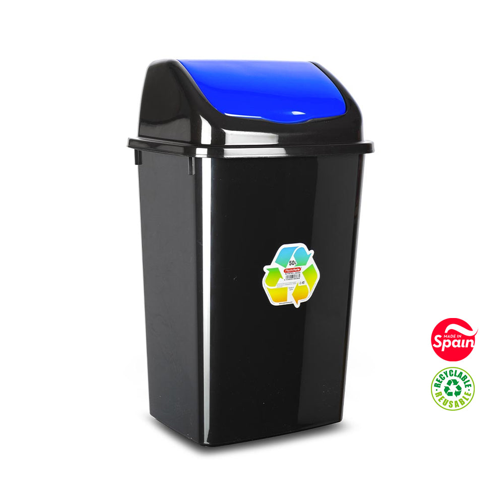 Contentor 50L Plástico Tampa Basculante Preto/Azul