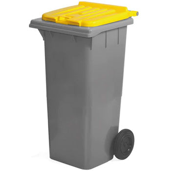 Contentor 120L Plástico 2 Rodas Fundo Preto Tampa Amarelo