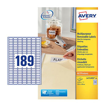 Etiquetas Removíveis 025,4x010mm Avery 25 Folhas 4725un
