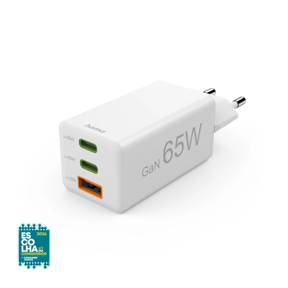 Carregador USB-C 2 Portas + USB-A GaN 65W Branco