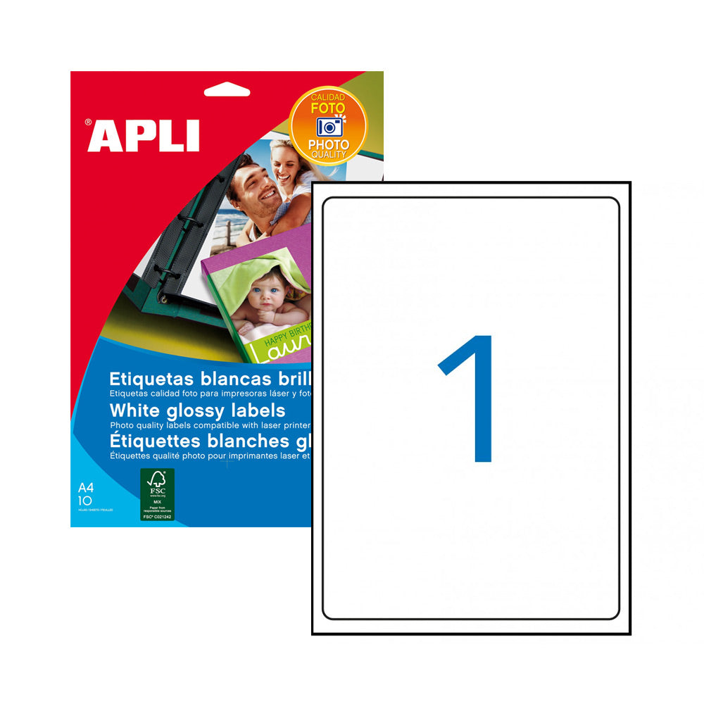 Etiquetas 199,6x289,1mm  Laser/Copia Branco Glossy Apli 10u