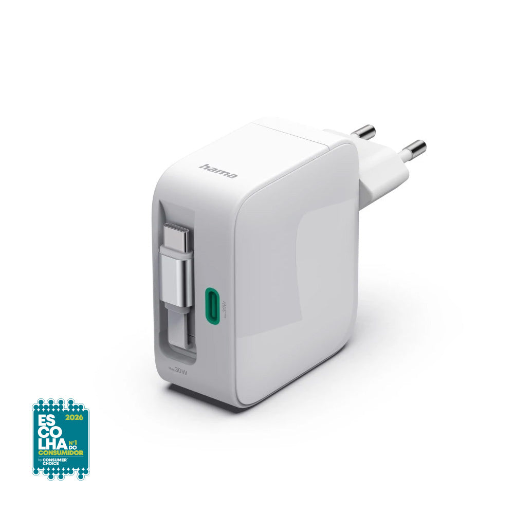 Carregador USB-C 2 Portas GaN 30W c/ Cabo Extensível Branco